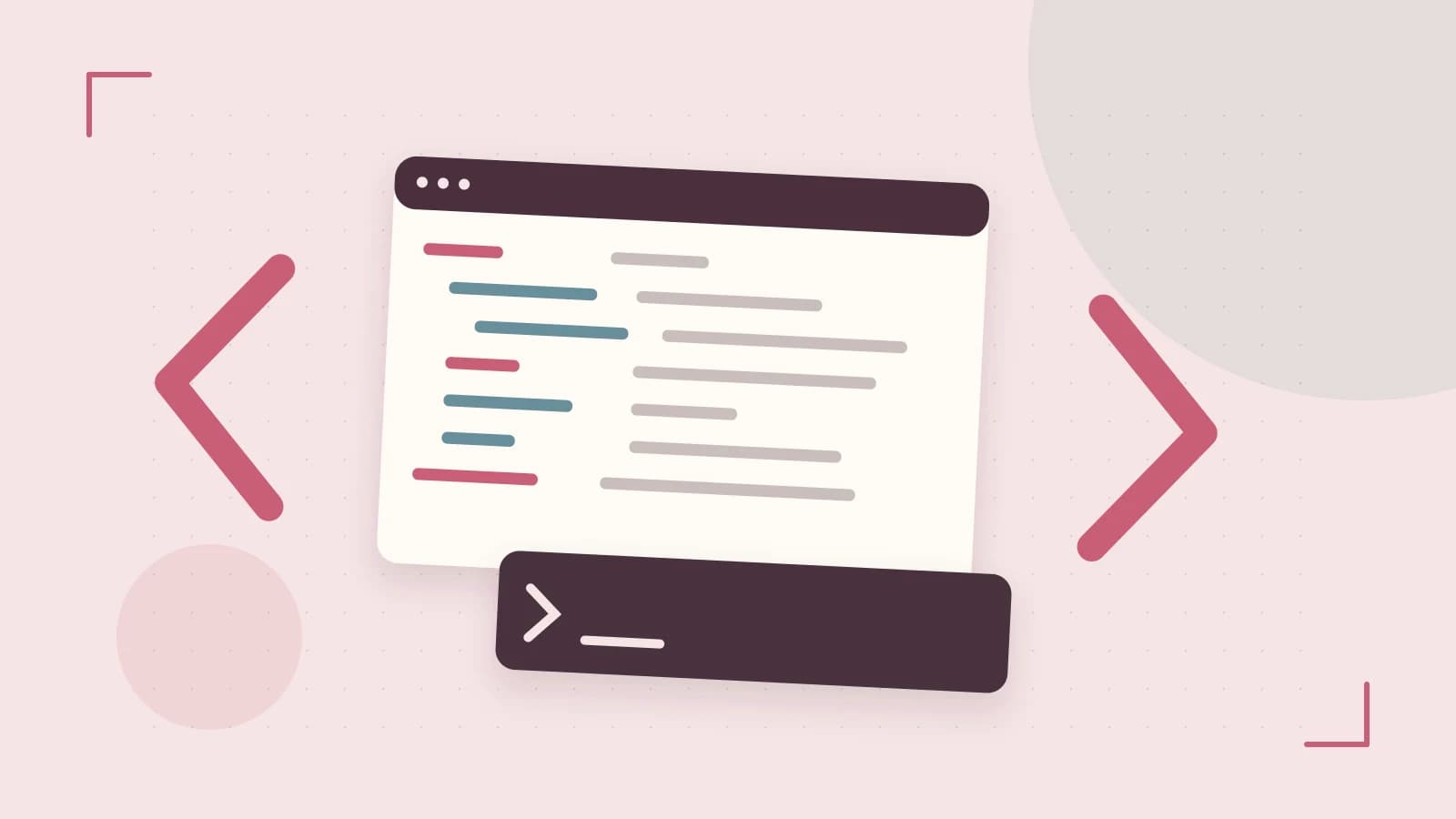 Editorial illustration of an abstract code editor, syntax blocks and oversized programming brackets