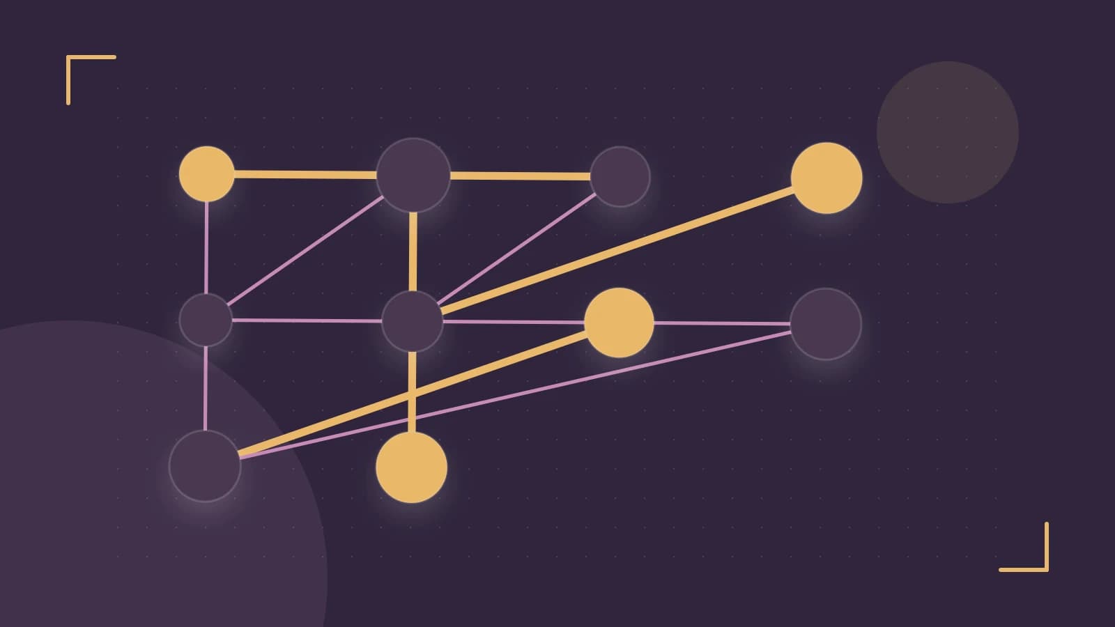 Editorial illustration of an algorithmic node graph with branching paths and a highlighted result
