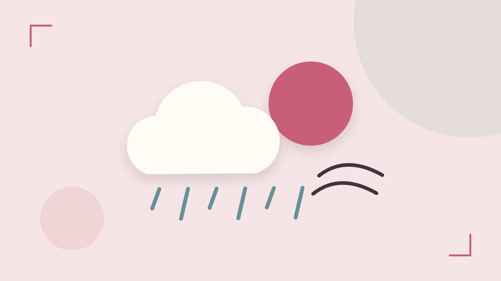 Editorial illustration of a sun, layered clouds, raindrops and flowing weather patterns