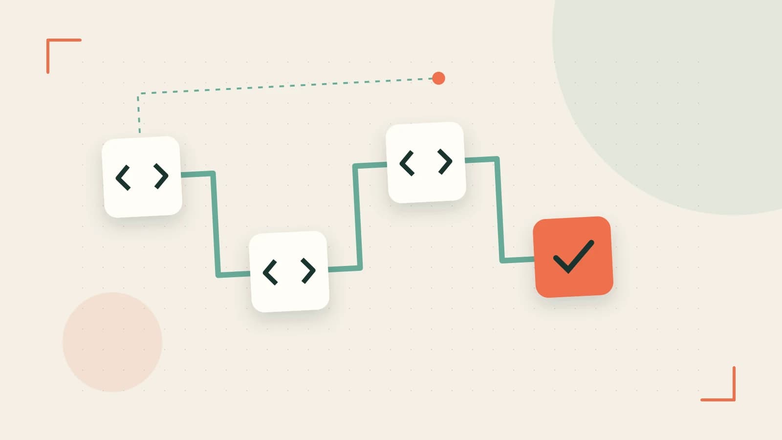 Editorial illustration of a branching build pipeline, staged transformations and a completed check