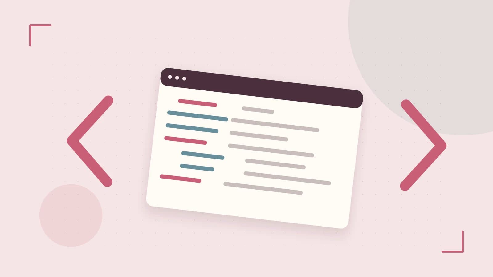 Editorial illustration of an abstract code editor, syntax blocks and oversized programming brackets