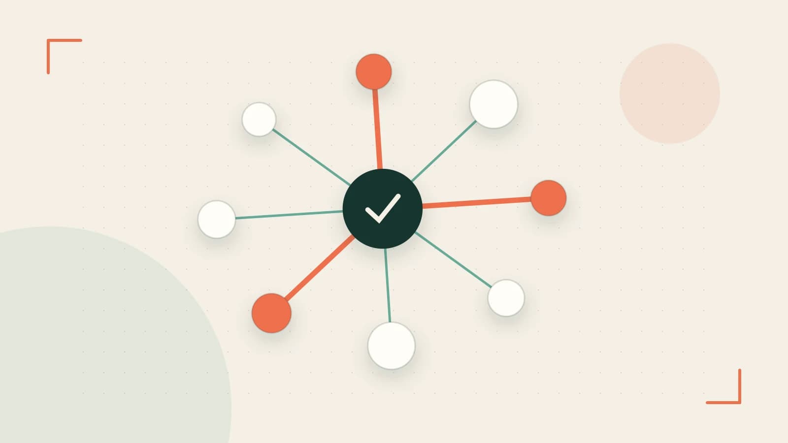 Editorial illustration of an algorithmic node graph with branching paths and a highlighted result