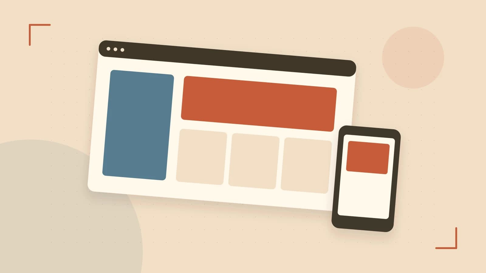 Editorial illustration of responsive browser layouts, overlapping design components and a color system