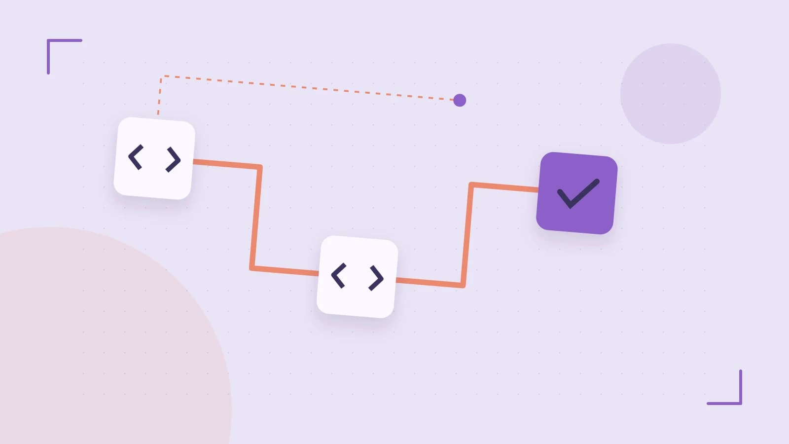 Editorial illustration of a branching build pipeline, staged transformations and a completed check