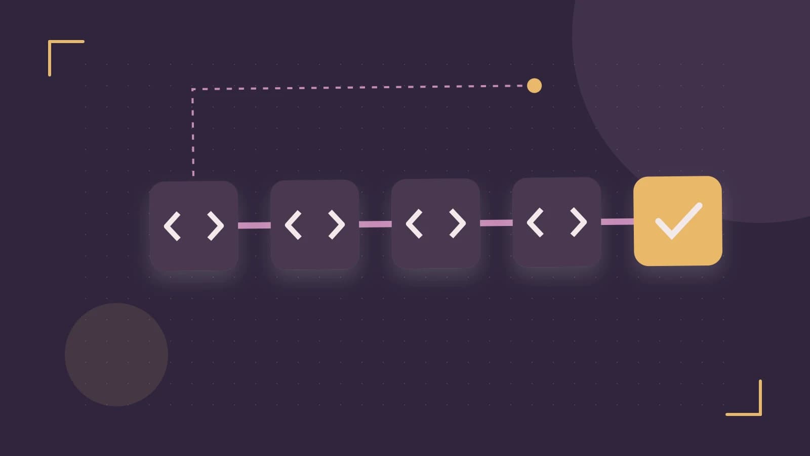 Editorial illustration of a branching build pipeline, staged transformations and a completed check