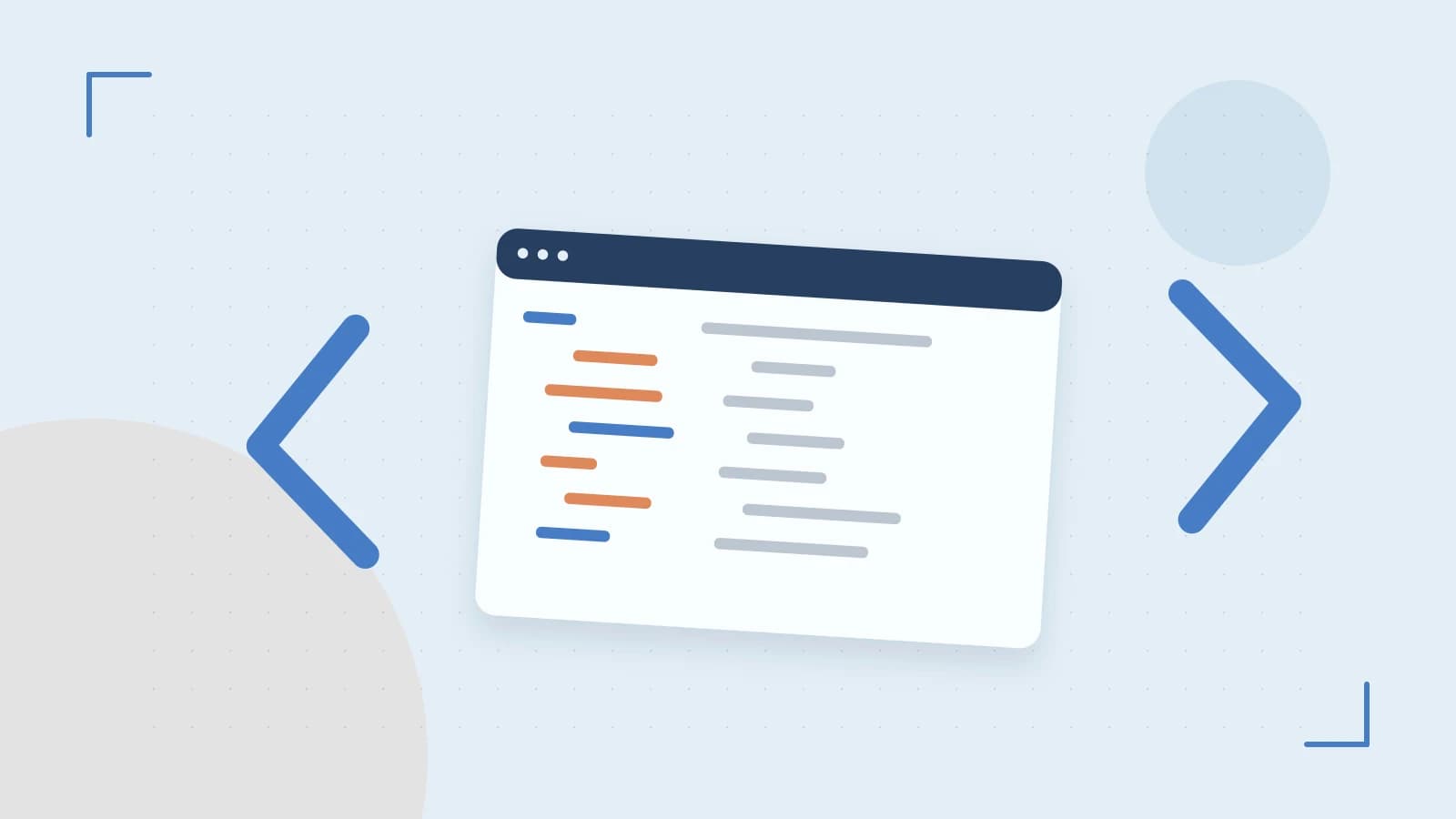 Editorial illustration of an abstract code editor, syntax blocks and oversized programming brackets
