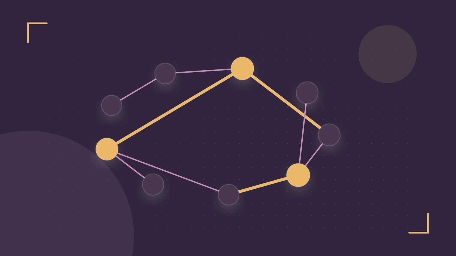 Editorial illustration of an algorithmic node graph with branching paths and a highlighted result