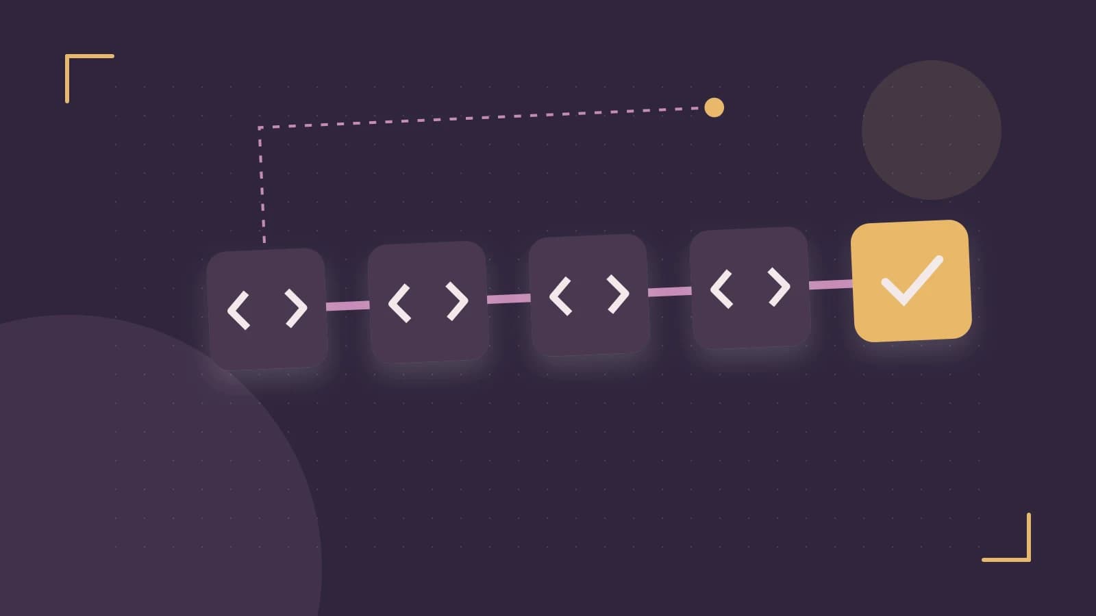 Editorial illustration of a branching build pipeline, staged transformations and a completed check
