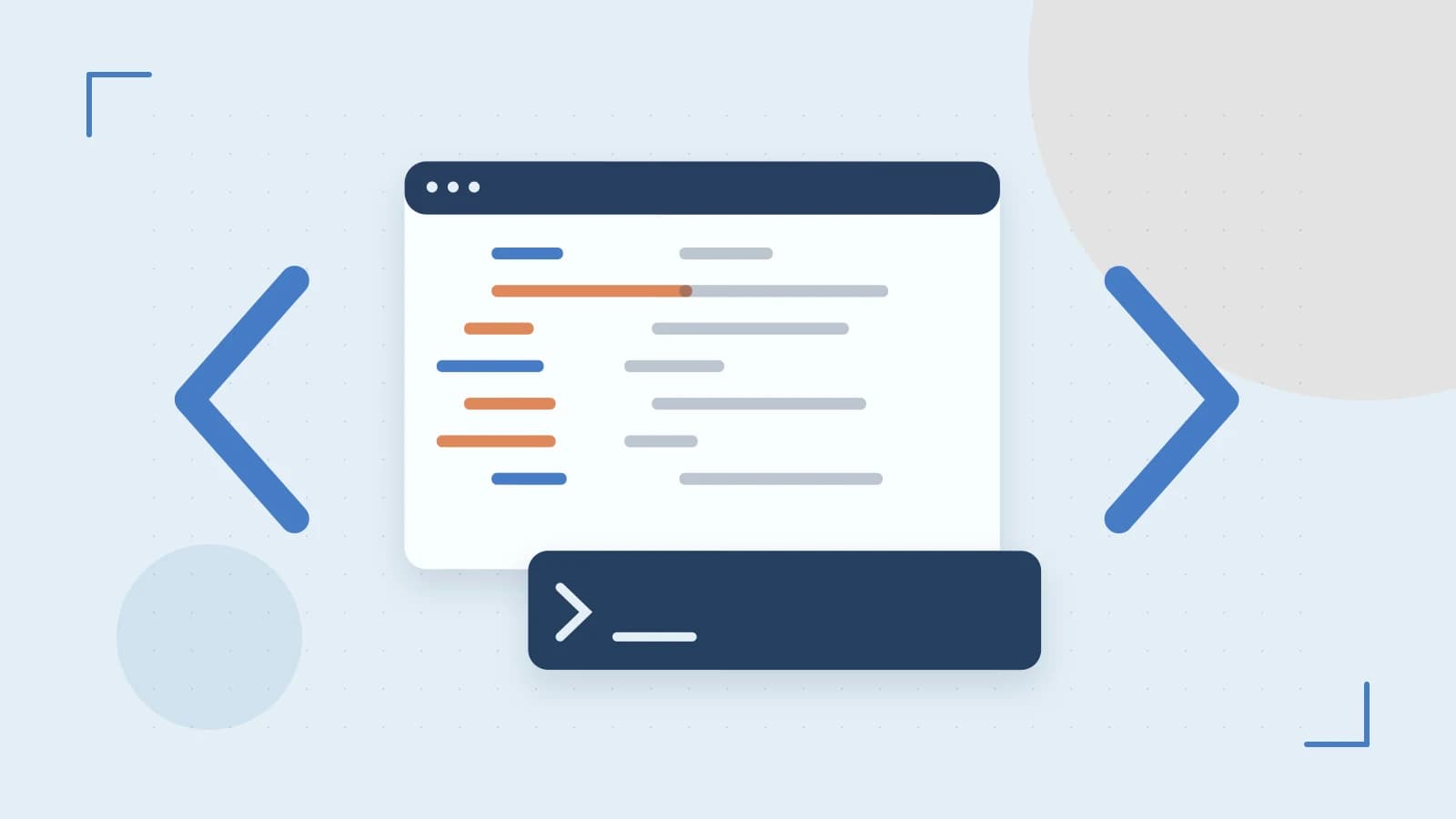 Editorial illustration of an abstract code editor, syntax blocks and oversized programming brackets