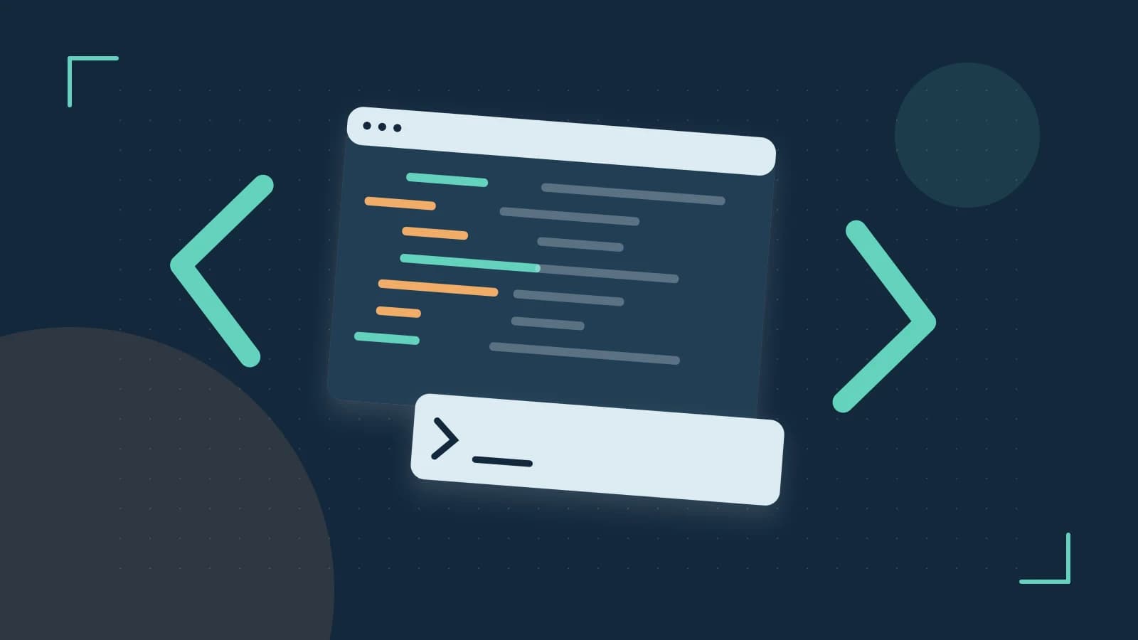 Editorial illustration of an abstract code editor, syntax blocks and oversized programming brackets