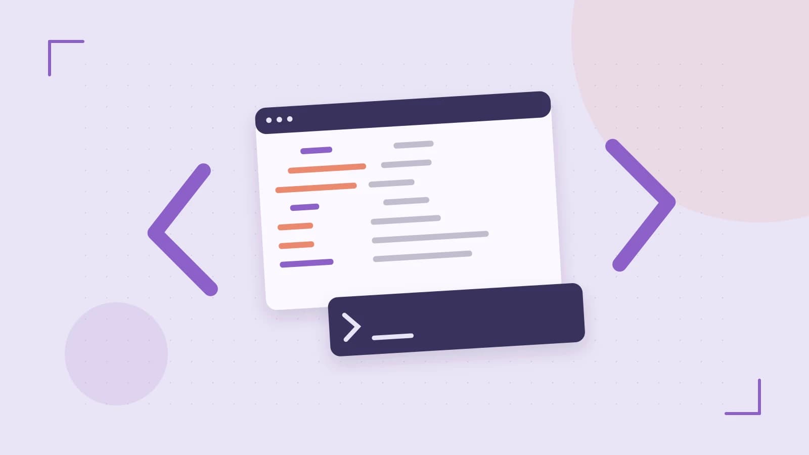 Editorial illustration of an abstract code editor, syntax blocks and oversized programming brackets