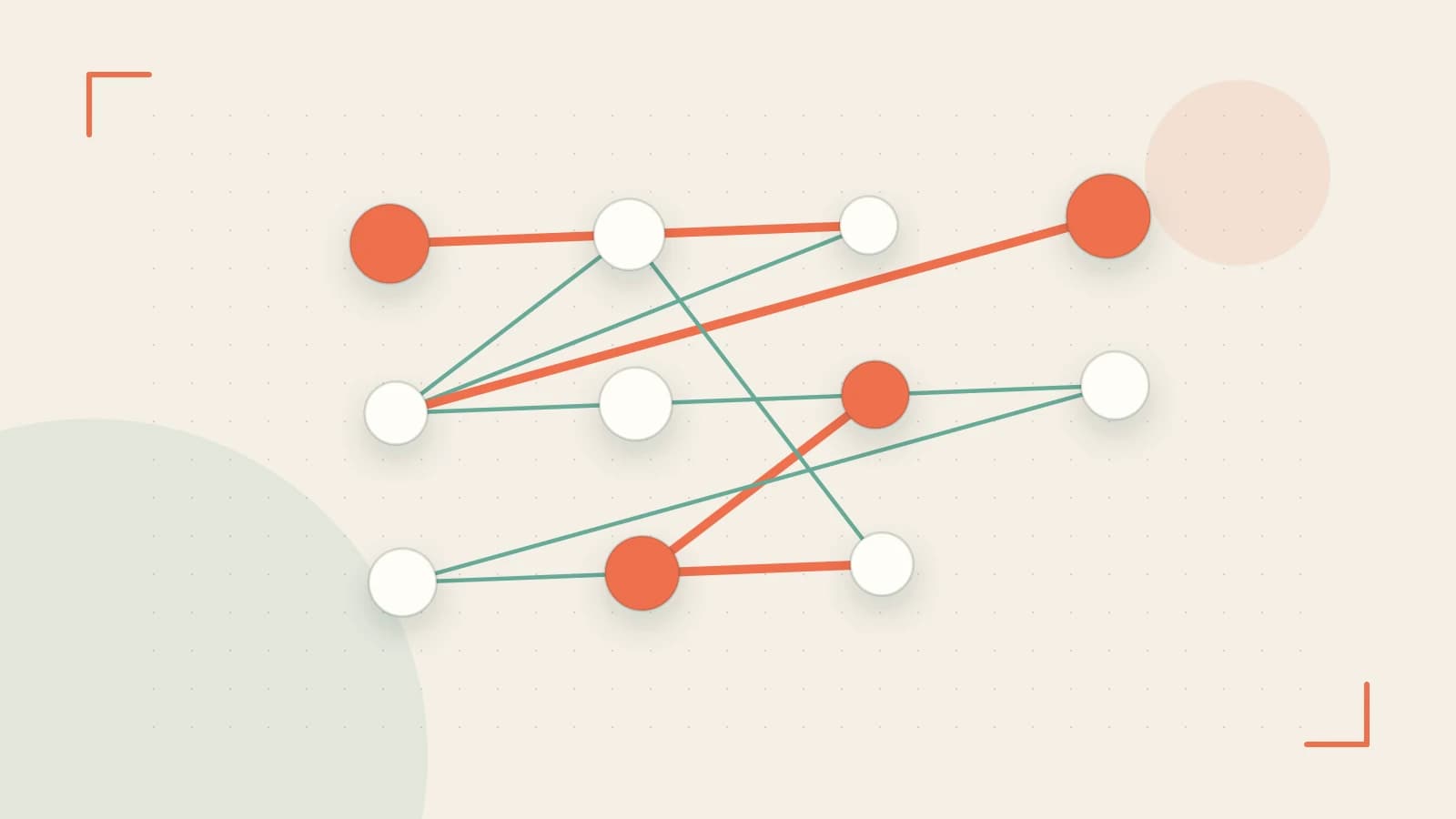Editorial illustration of an algorithmic node graph with branching paths and a highlighted result