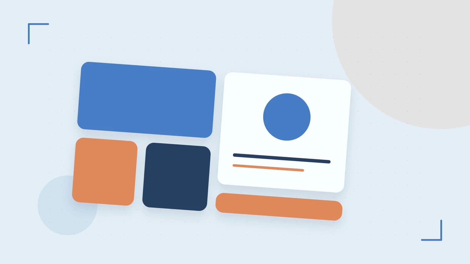 Editorial illustration of responsive browser layouts, overlapping design components and a color system