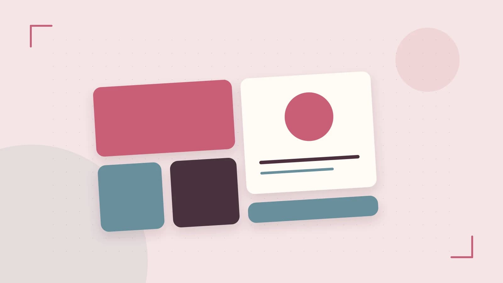 Editorial illustration of responsive browser layouts, overlapping design components and a color system