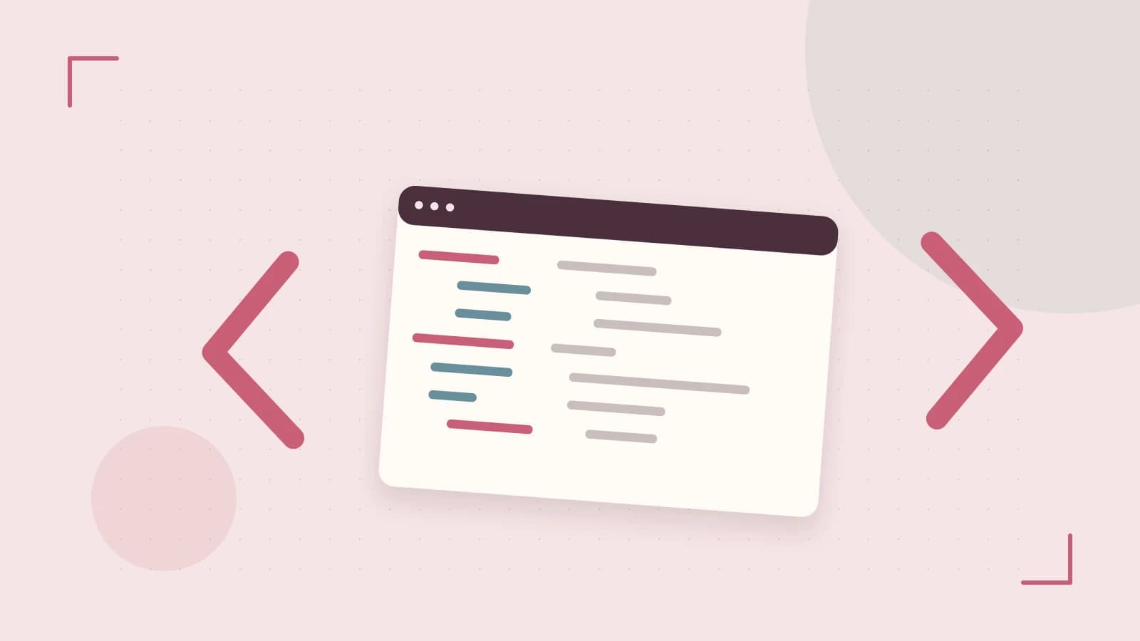 Editorial illustration of an abstract code editor, syntax blocks and oversized programming brackets