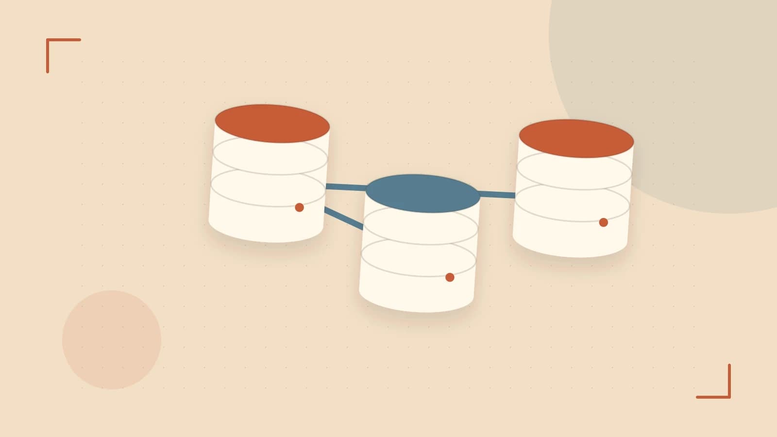 Editorial illustration of structured records, database cylinders and relationships between tables