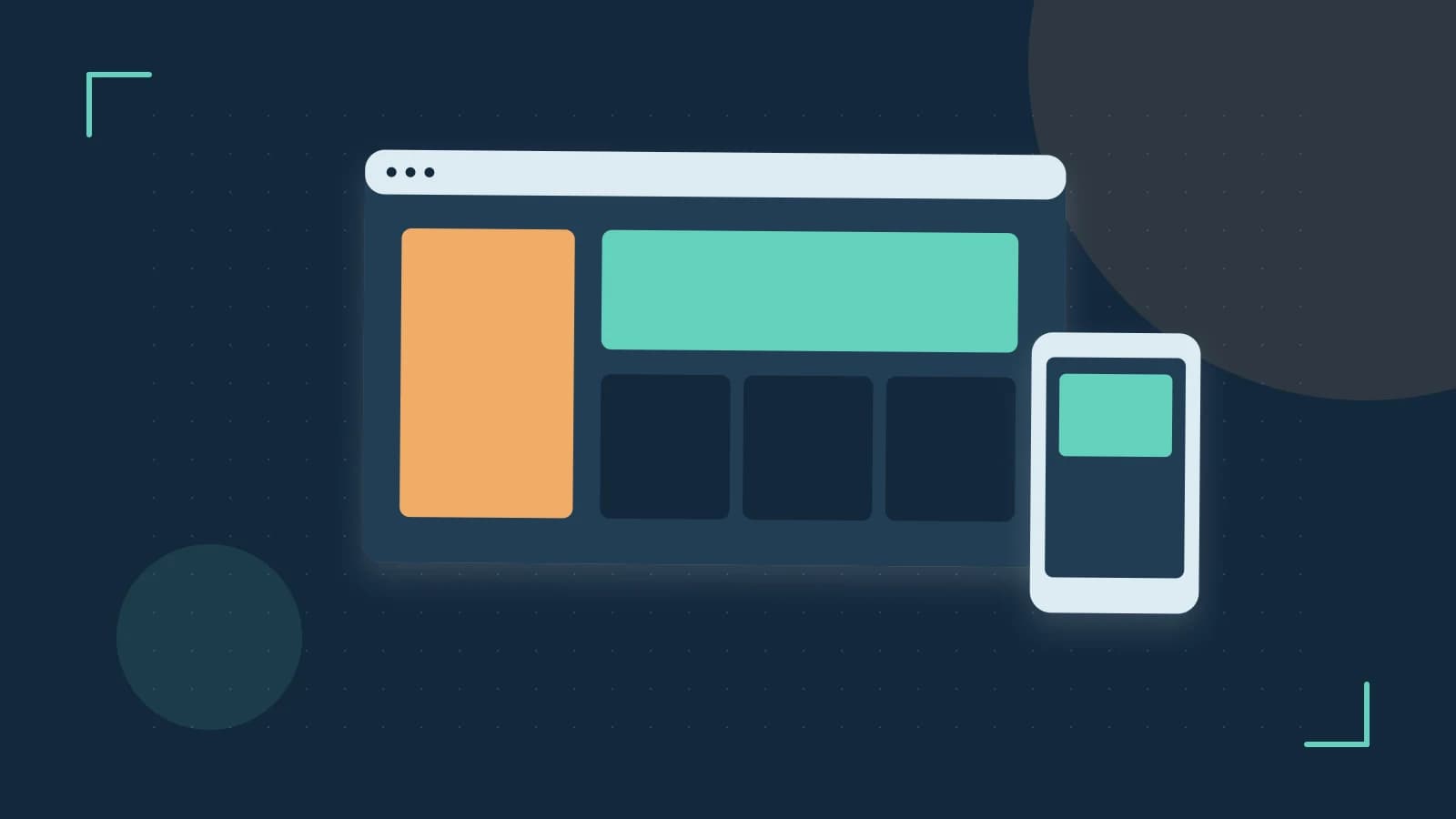 Editorial illustration of responsive browser layouts, overlapping design components and a color system