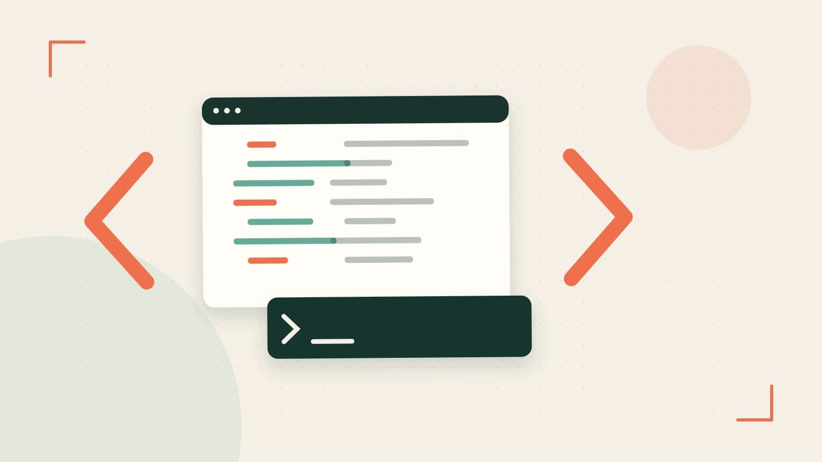 Editorial illustration of an abstract code editor, syntax blocks and oversized programming brackets