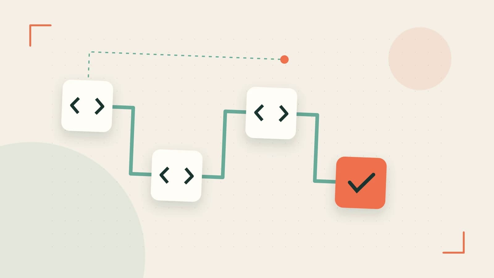 Editorial illustration of a branching build pipeline, staged transformations and a completed check