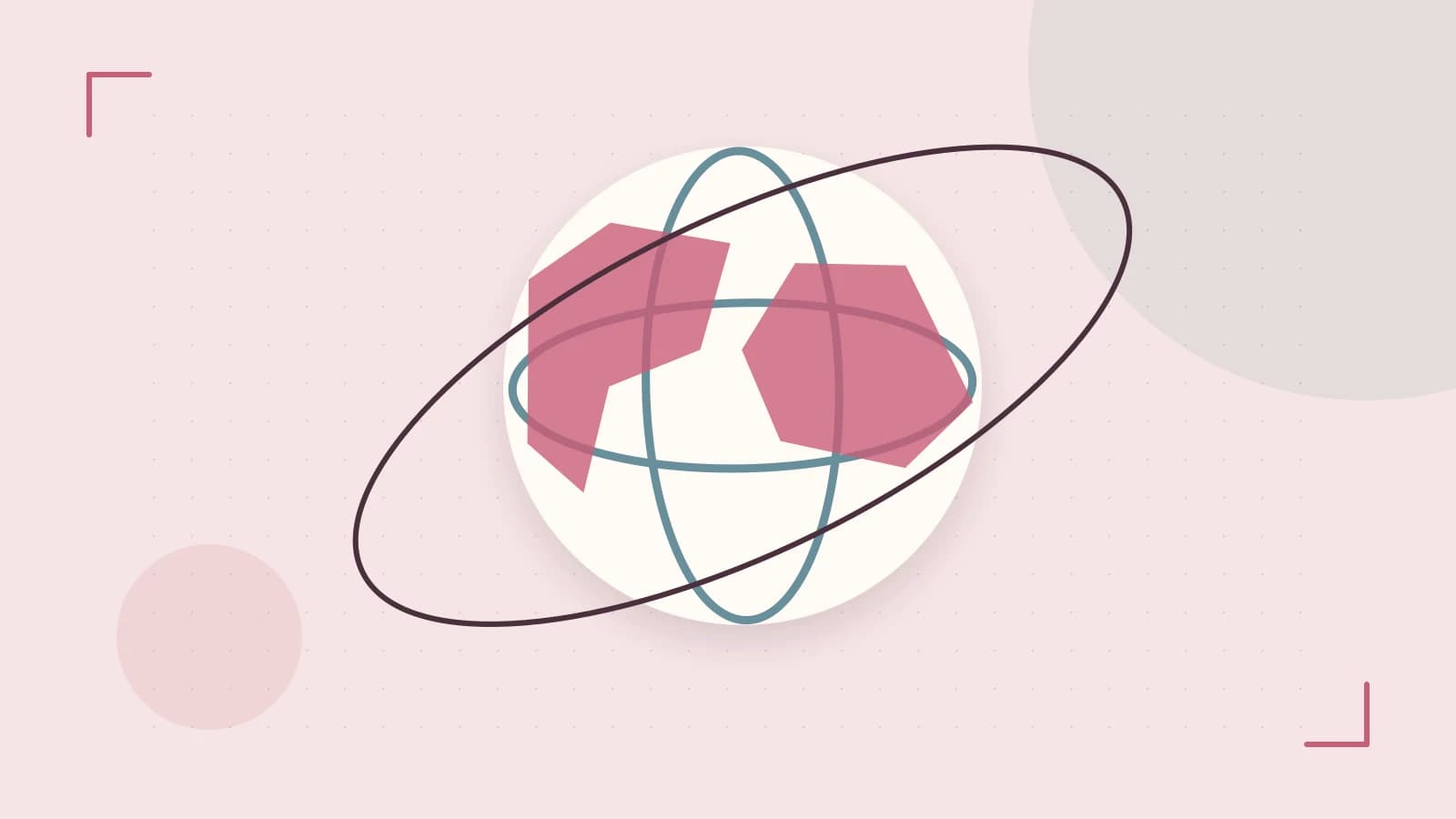 Editorial illustration of an editorial globe with meridians and layered geographic shapes