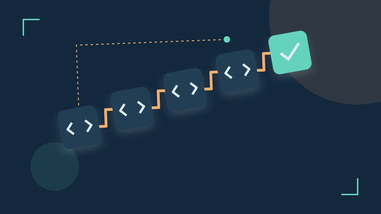 Editorial illustration of a branching build pipeline, staged transformations and a completed check
