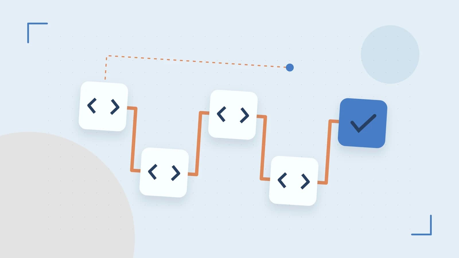 Editorial illustration of a branching build pipeline, staged transformations and a completed check