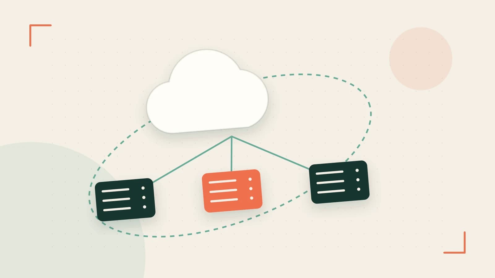 Editorial illustration of cloud infrastructure, connected server racks and an orbital service map