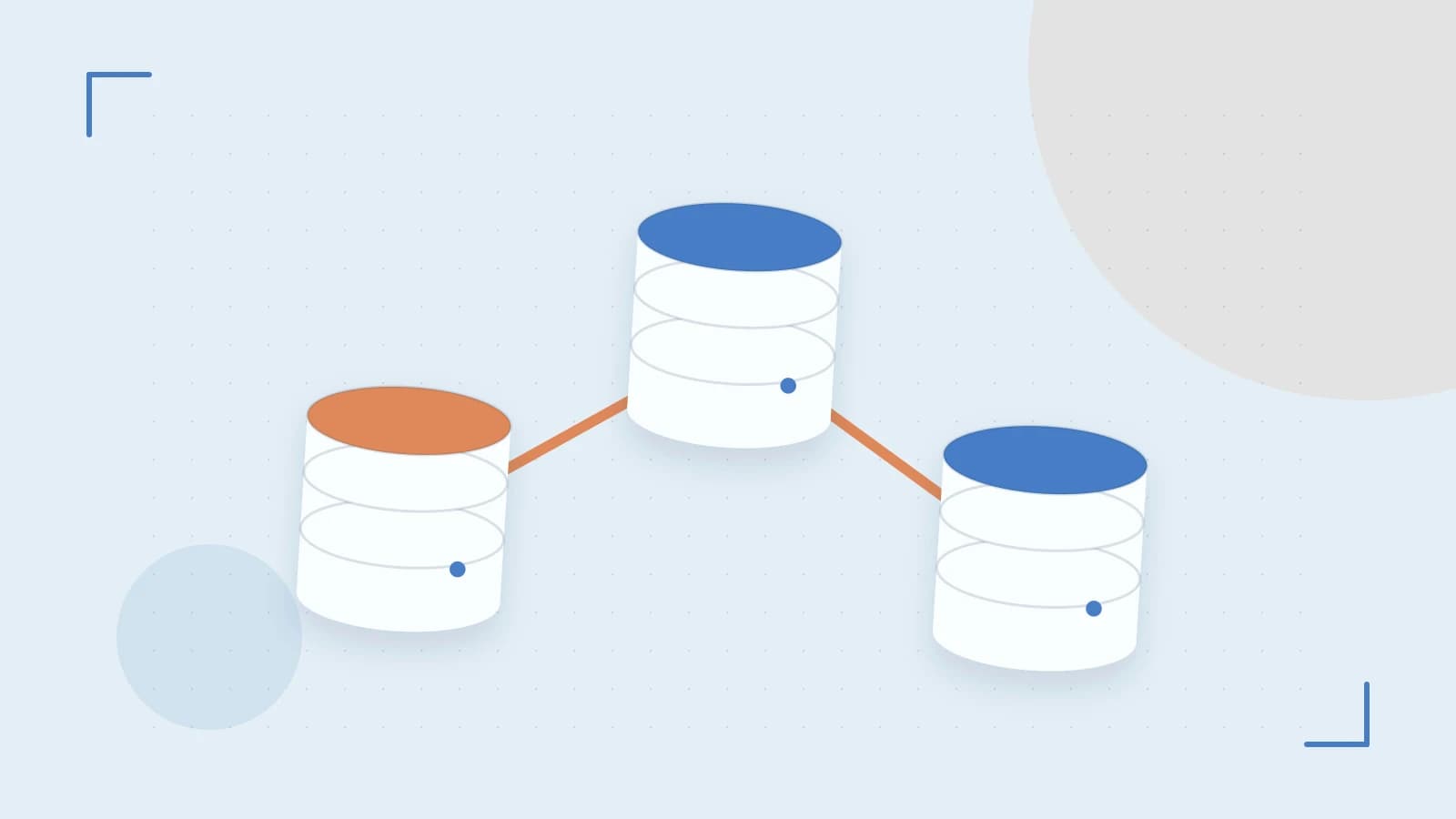 Editorial illustration of structured records, database cylinders and relationships between tables