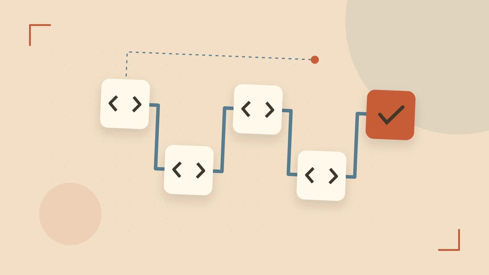 Editorial illustration of a branching build pipeline, staged transformations and a completed check
