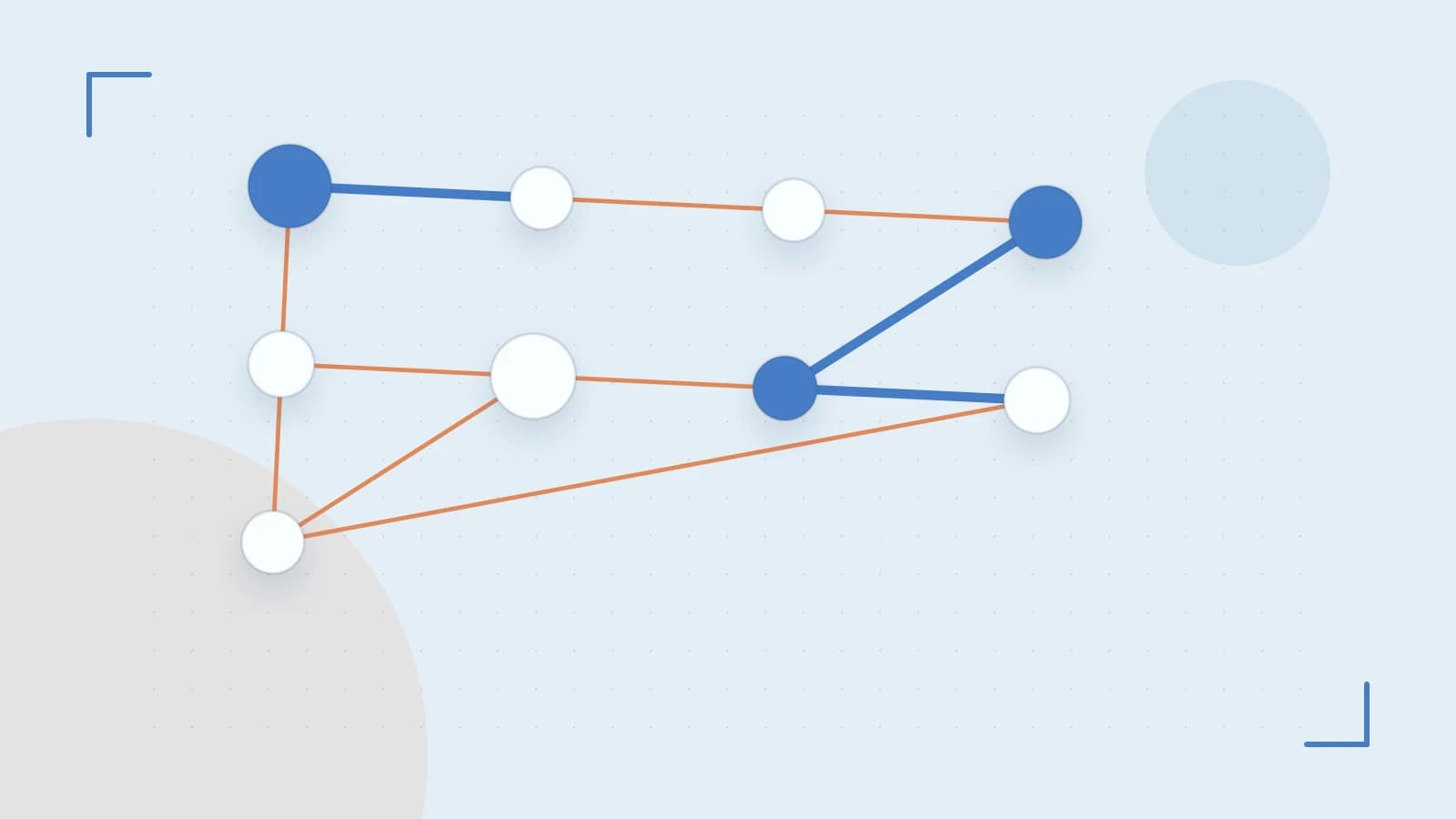 Editorial illustration of an algorithmic node graph with branching paths and a highlighted result