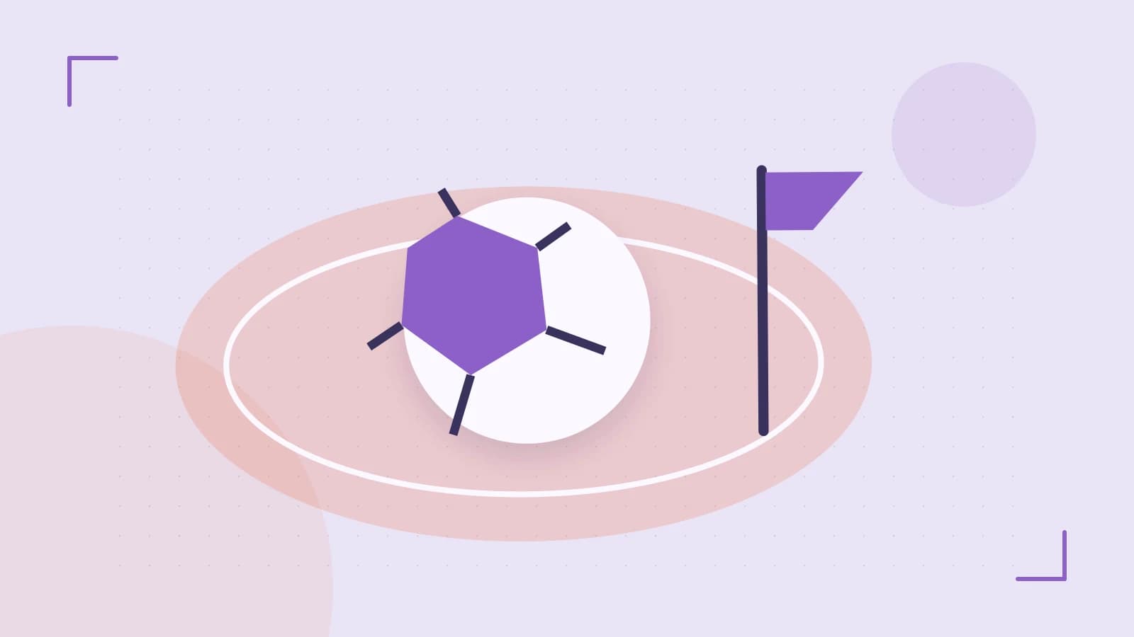 Editorial illustration of a stylized sports ball, stadium geometry and dynamic arcs