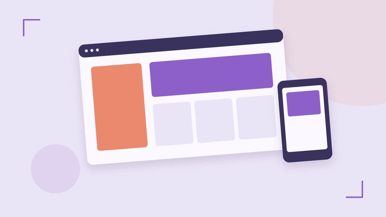 Editorial illustration of responsive browser layouts, overlapping design components and a color system