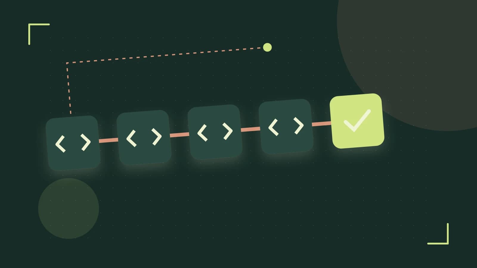 Editorial illustration of a branching build pipeline, staged transformations and a completed check