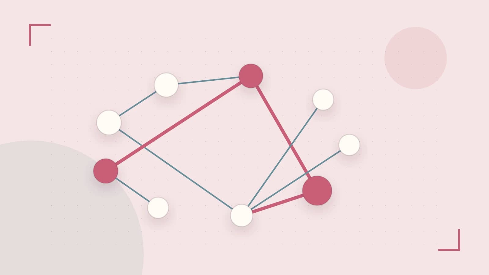 Editorial illustration of an algorithmic node graph with branching paths and a highlighted result
