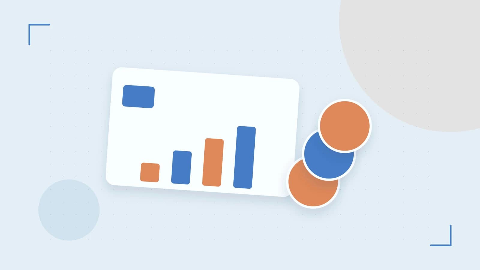 Editorial illustration of abstract coins, a payment card and a geometric financial chart without data labels