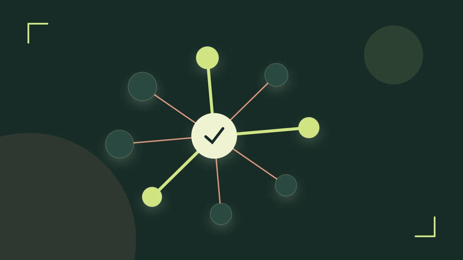 Editorial illustration of an algorithmic node graph with branching paths and a highlighted result