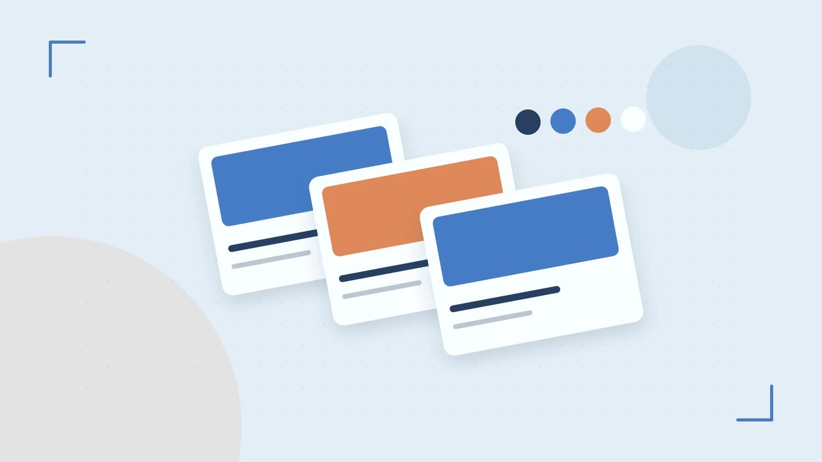 Editorial illustration of responsive browser layouts, overlapping design components and a color system