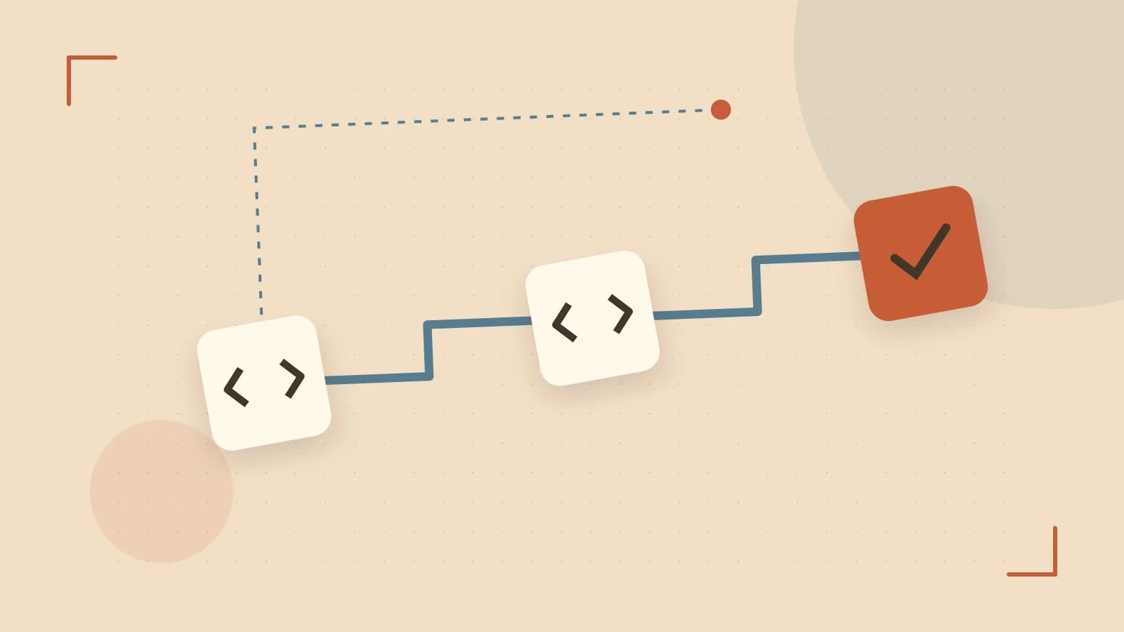 Editorial illustration of a branching build pipeline, staged transformations and a completed check