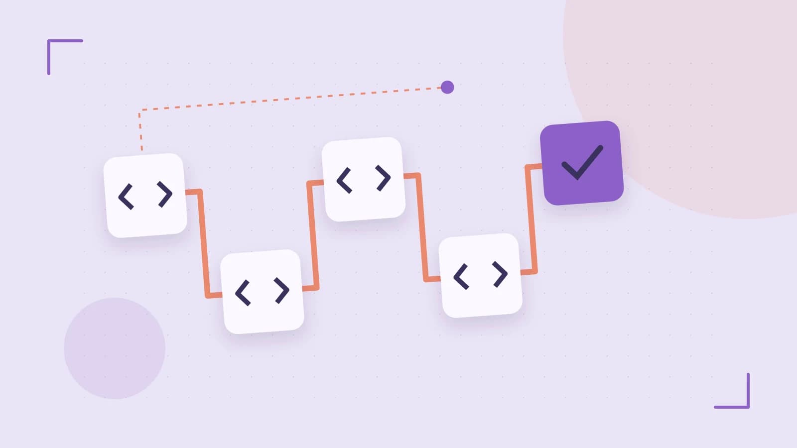 Editorial illustration of a branching build pipeline, staged transformations and a completed check