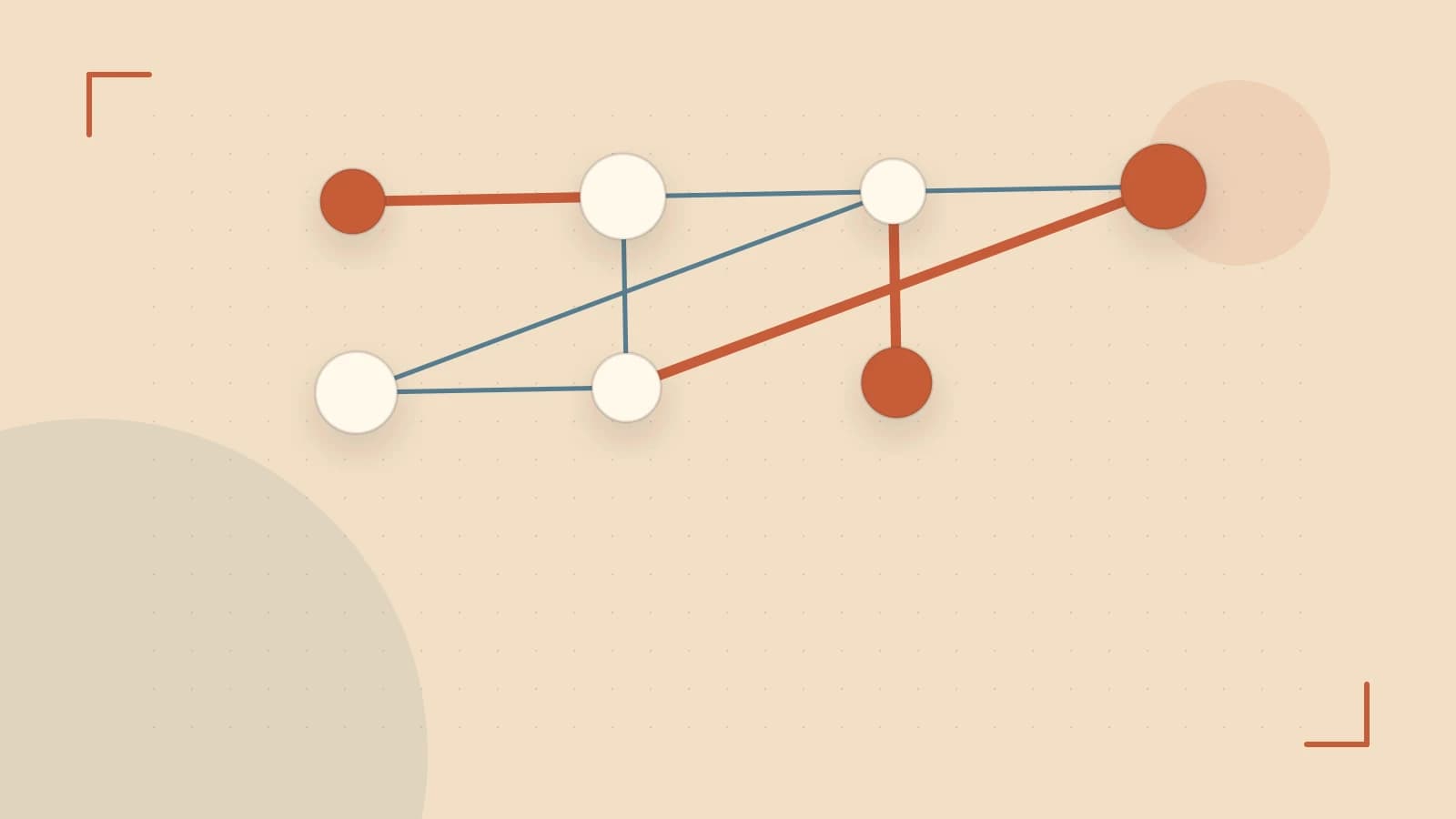 Editorial illustration of an algorithmic node graph with branching paths and a highlighted result