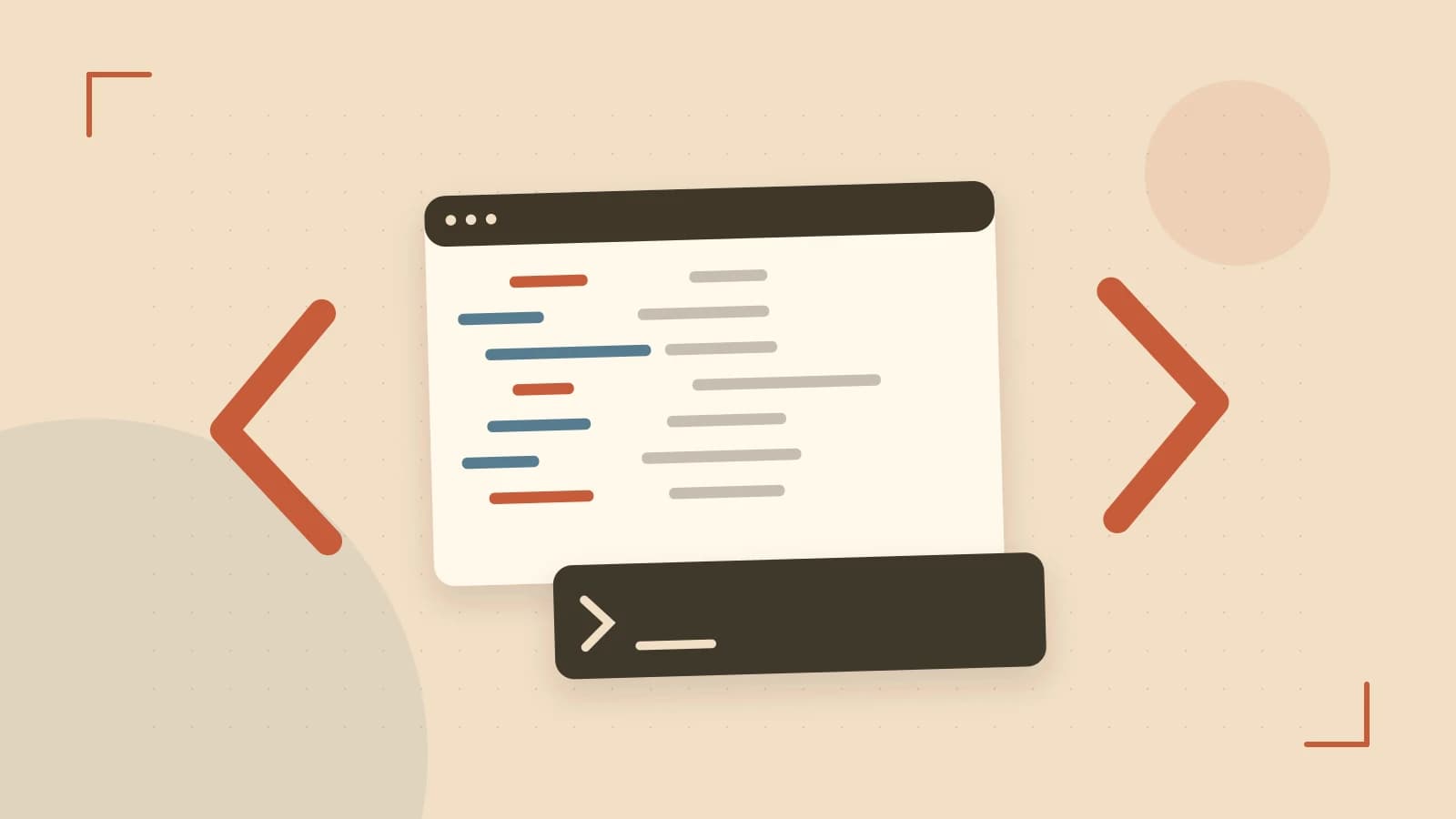 Editorial illustration of an abstract code editor, syntax blocks and oversized programming brackets