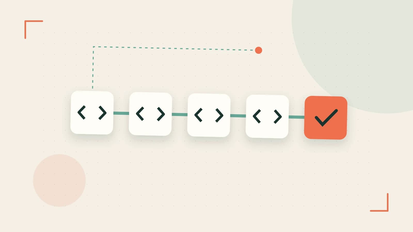 Editorial illustration of a branching build pipeline, staged transformations and a completed check