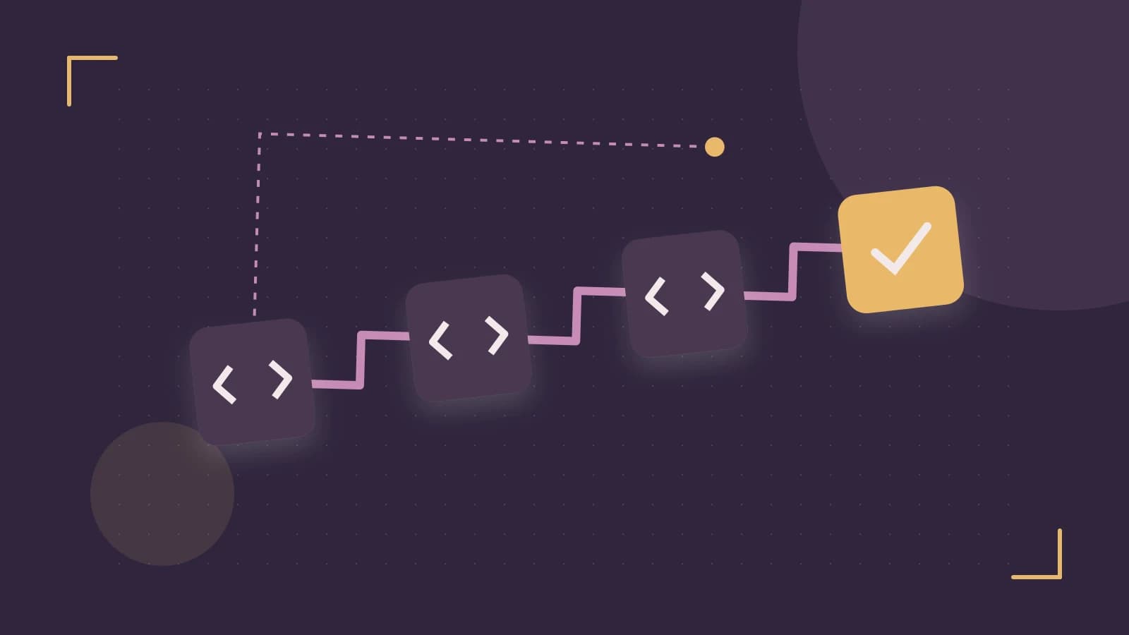 Editorial illustration of a branching build pipeline, staged transformations and a completed check