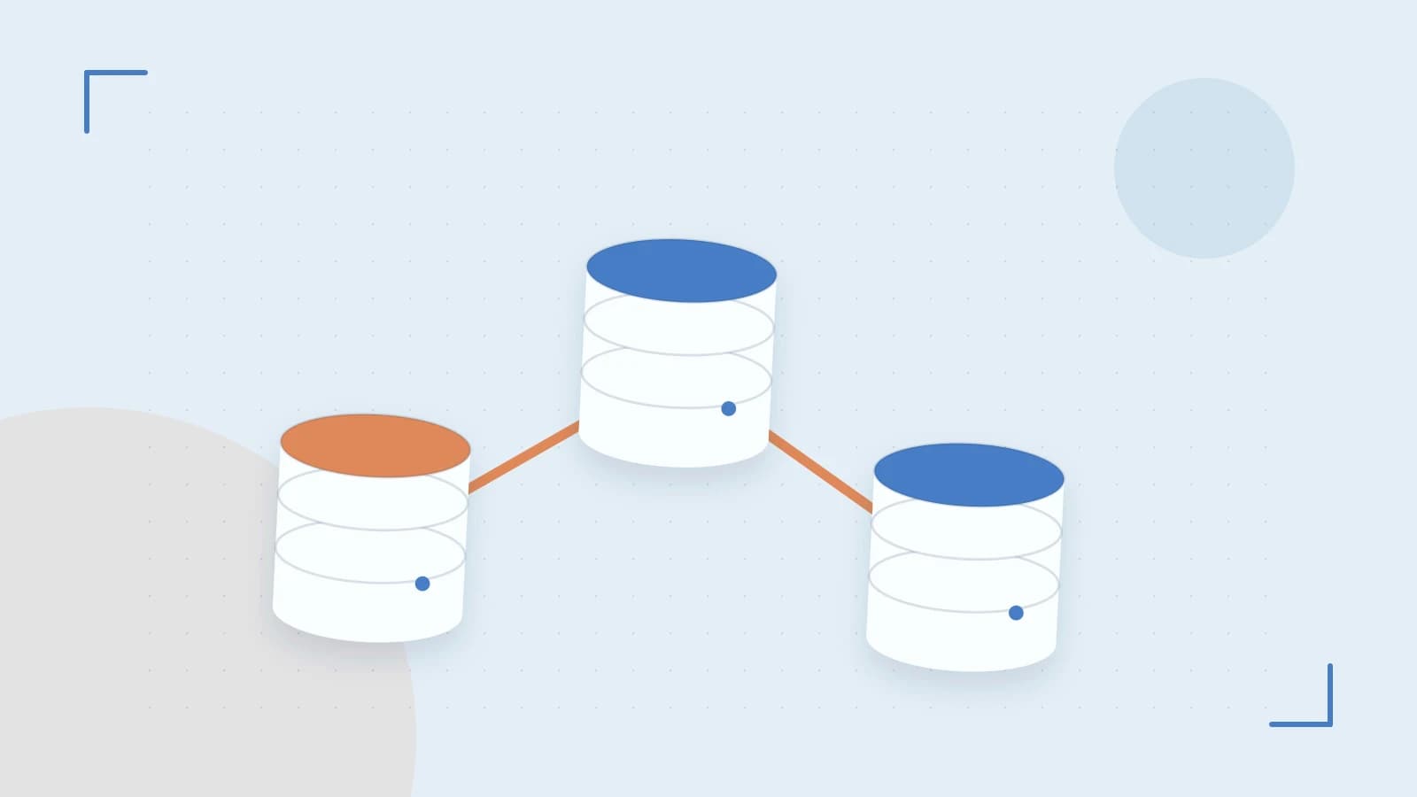 Editorial illustration of structured records, database cylinders and relationships between tables