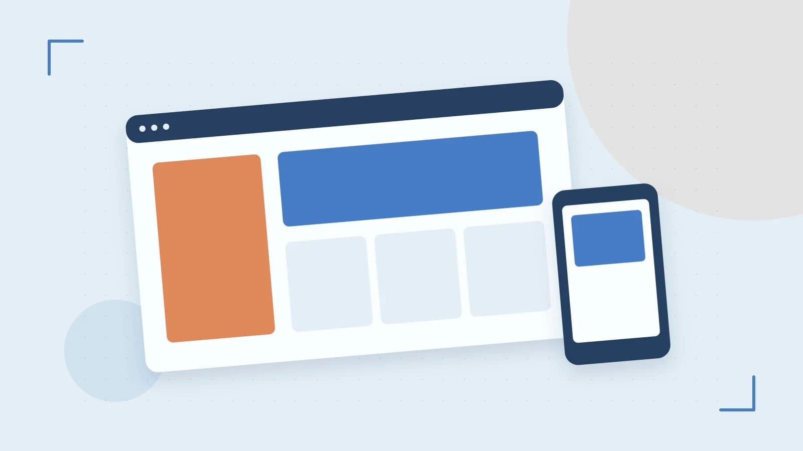 Editorial illustration of responsive browser layouts, overlapping design components and a color system
