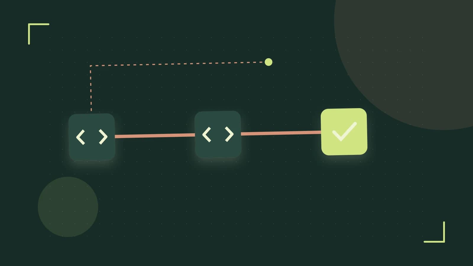 Editorial illustration of a branching build pipeline, staged transformations and a completed check