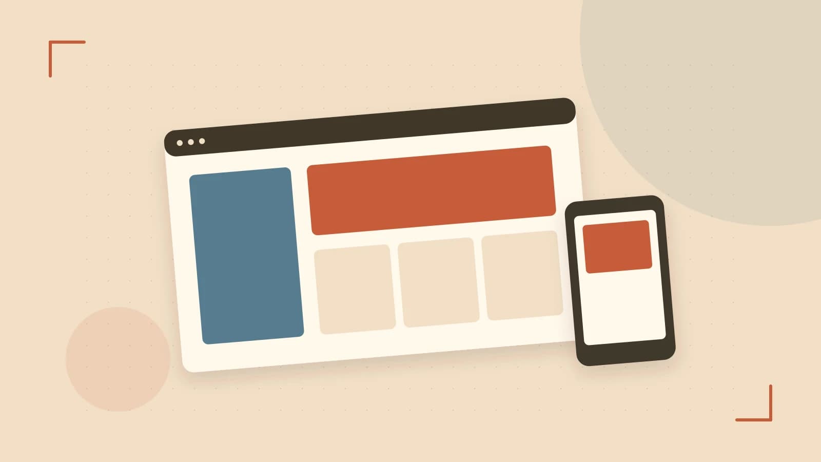 Editorial illustration of responsive browser layouts, overlapping design components and a color system