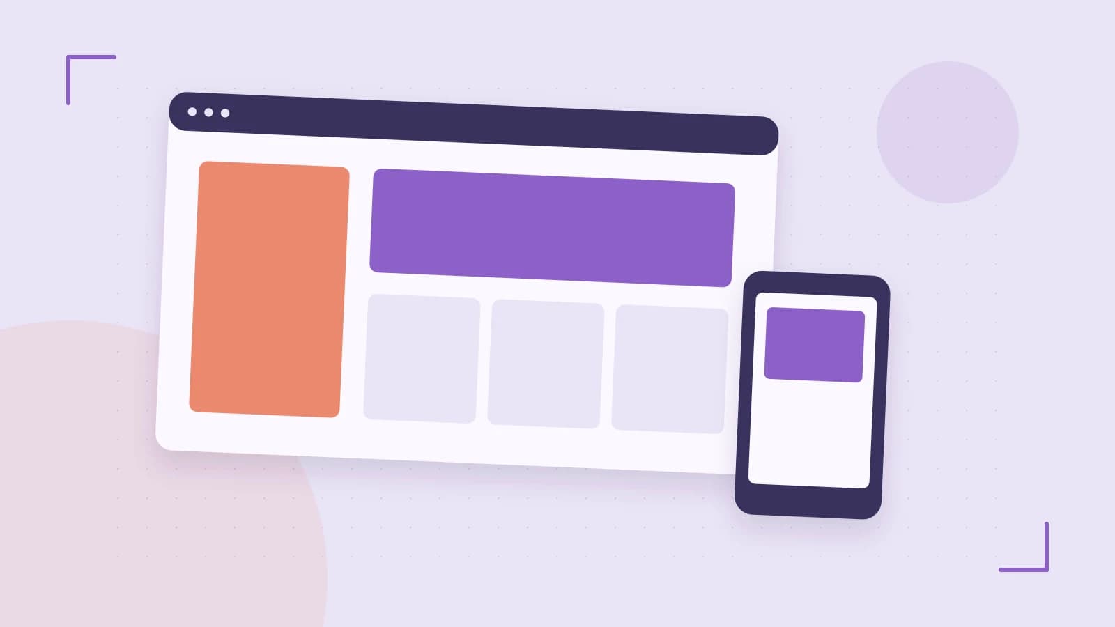 Editorial illustration of responsive browser layouts, overlapping design components and a color system