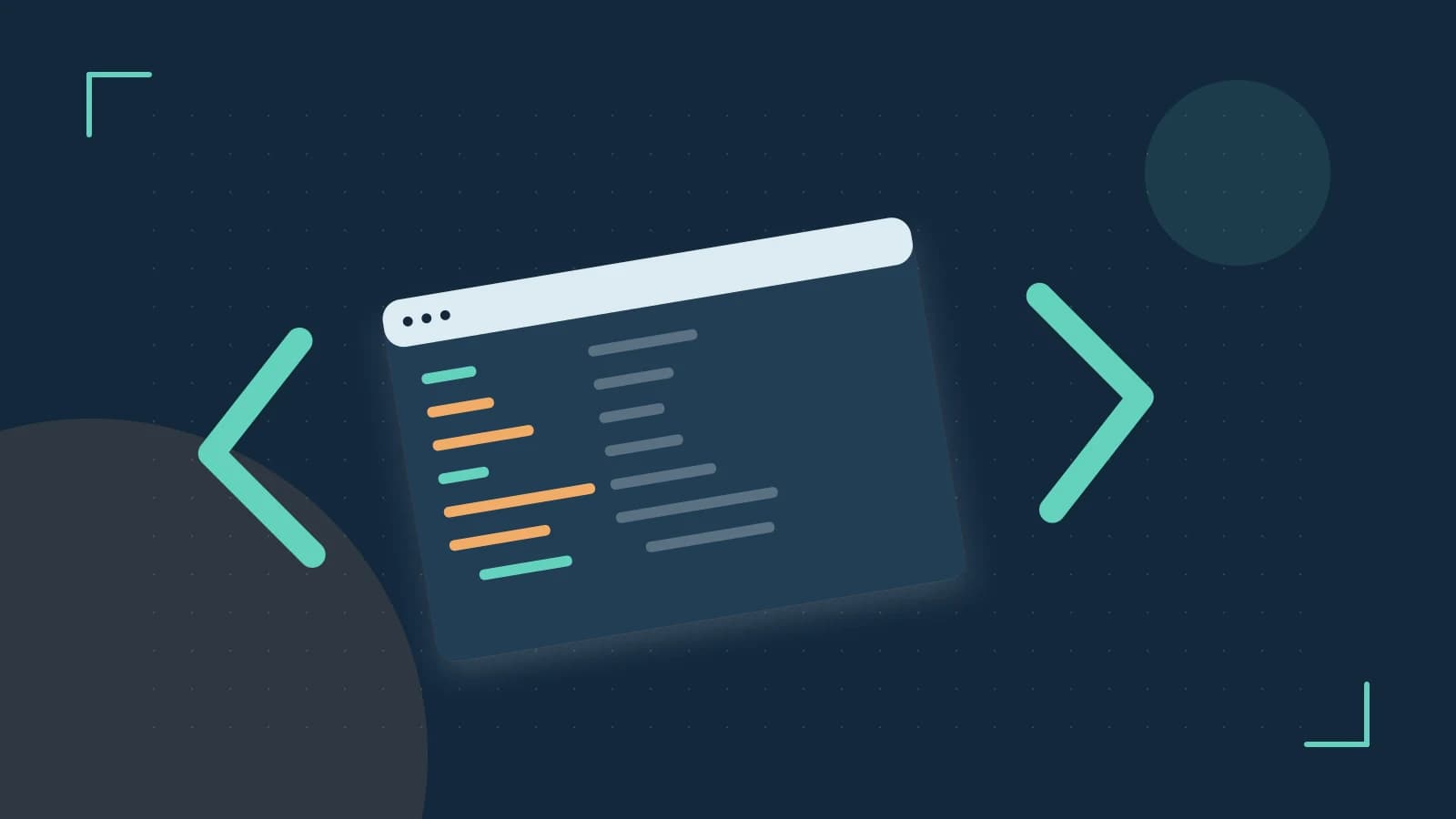 Editorial illustration of an abstract code editor, syntax blocks and oversized programming brackets