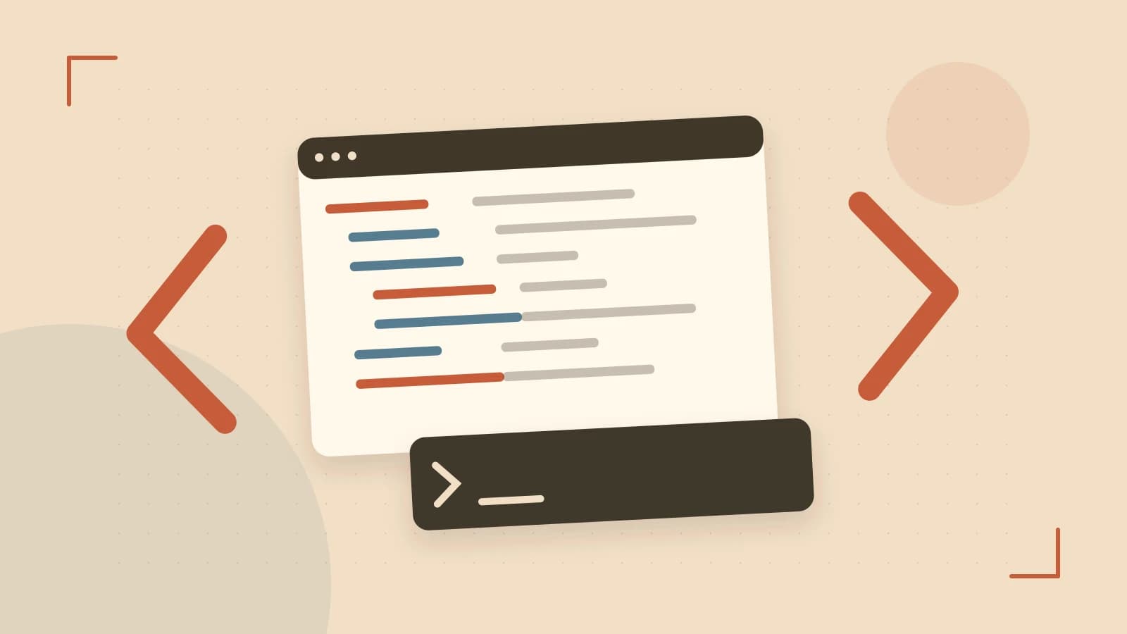Editorial illustration of an abstract code editor, syntax blocks and oversized programming brackets